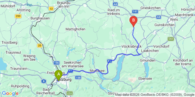 Map: Salzburg Airport (SZG) to Wolfsegg am Hausruck