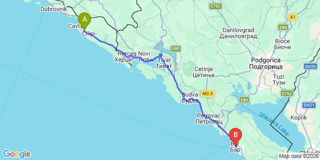 Map: Dubrovnik Airport (DBV) to Bar