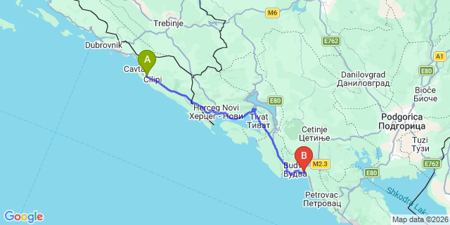 Map: Dubrovnik Airport (DBV) to Becici