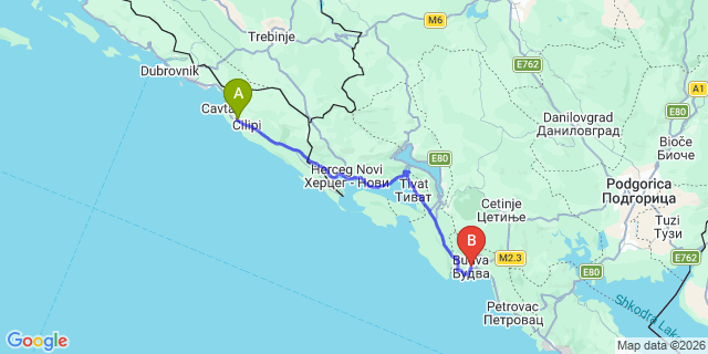 Map: Dubrovnik Airport (DBV) to Budva