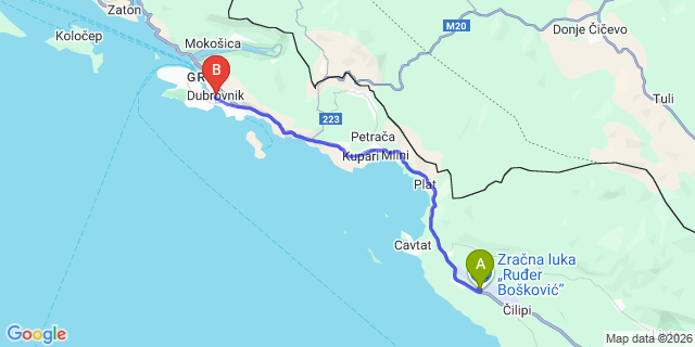 Map: Dubrovnik Airport (DBV) to Dubrovnik city (all areas)