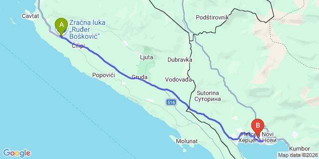 Map: Dubrovnik Airport (DBV) to Herceg Novi
