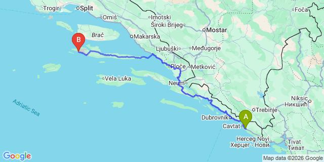 Map: Dubrovnik Airport (DBV) to Hvar