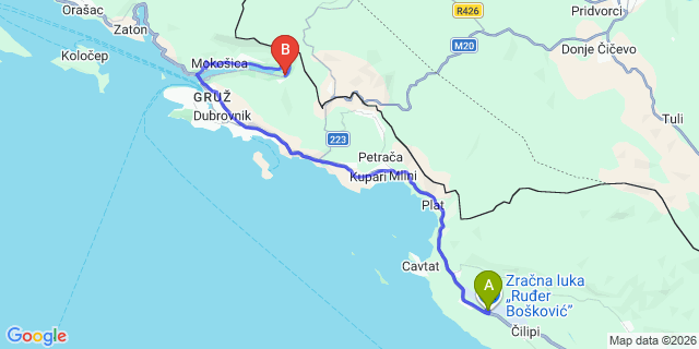 Map: Dubrovnik Airport (DBV) to Komolac