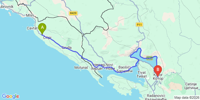 Map: Dubrovnik Airport (DBV) to Kotor