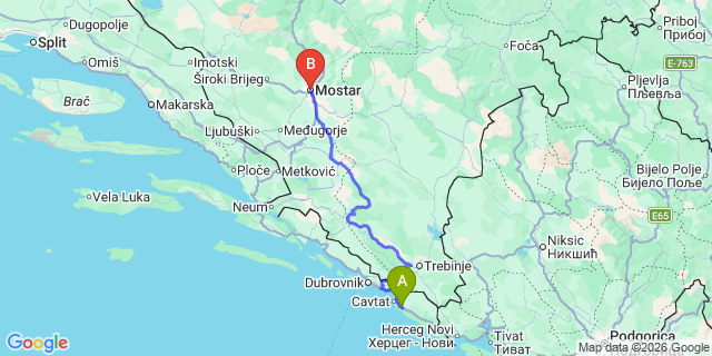 Map: Dubrovnik Airport (DBV) to Mostar