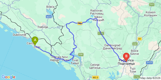 Map: Dubrovnik Airport (DBV) to Podgorica