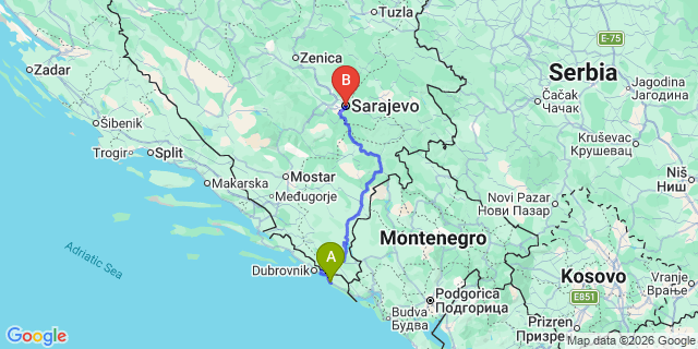 Map: Dubrovnik Airport (DBV) to Sarajevo