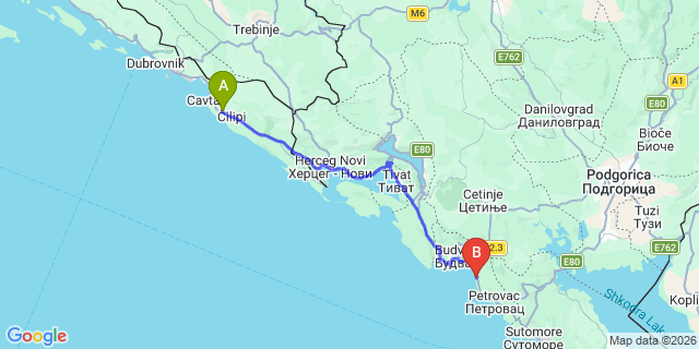 Map: Dubrovnik Airport (DBV) to Sveti Stefan