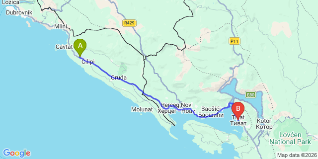 Map: Dubrovnik Airport (DBV) to Tivat