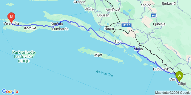 Map: Dubrovnik Airport (DBV) to Vela Luka