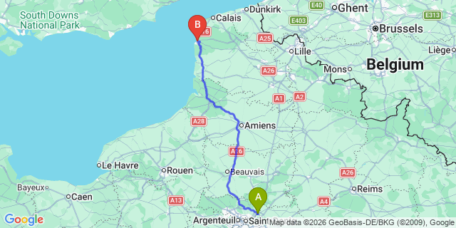 Map: Paris Charles de Gaulle Airport (CDG) to Boulogne
