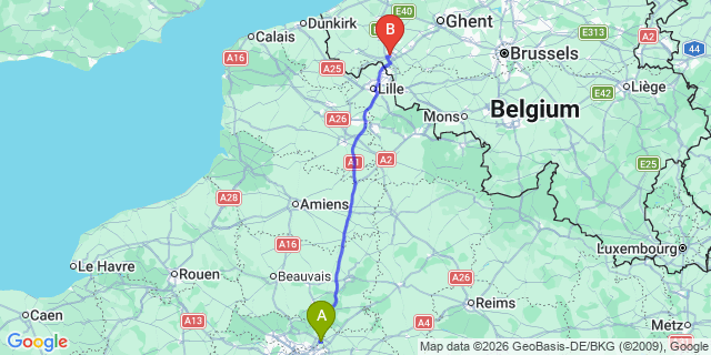 Map: Paris Charles de Gaulle Airport (CDG) to Bruges