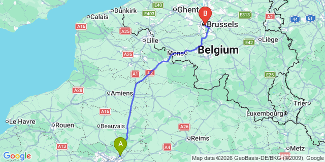 Map: Paris Charles de Gaulle Airport (CDG) to Brussels city (all areas)