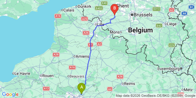 Map: Paris Charles de Gaulle Airport (CDG) to Ghent