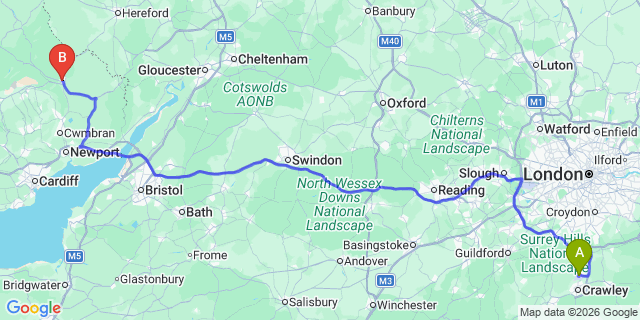Map: London Gatwick Airport (LGW) to Abergavenny