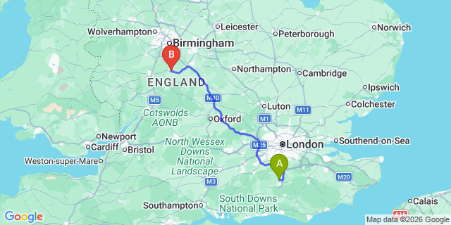 Map: London Gatwick Airport (LGW) to Alcester