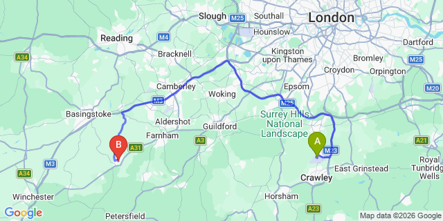 Map: London Gatwick Airport (LGW) to Alton