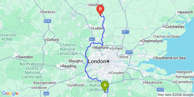 Map: London Gatwick Airport (LGW) to Arlesey