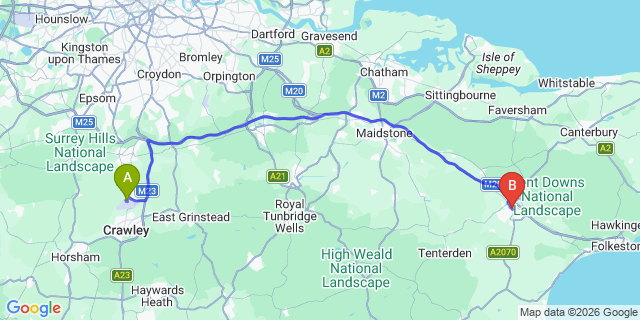 Map: London Gatwick Airport (LGW) to Ashford