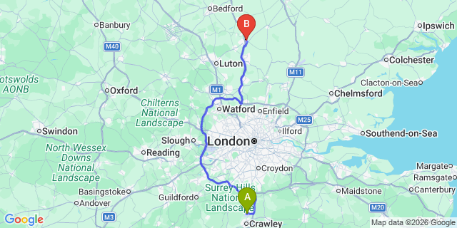 Map: London Gatwick Airport (LGW) to Baldock