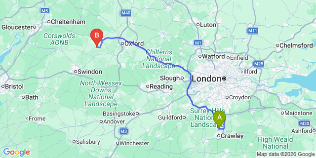 Map: London Gatwick Airport (LGW) to Bampton