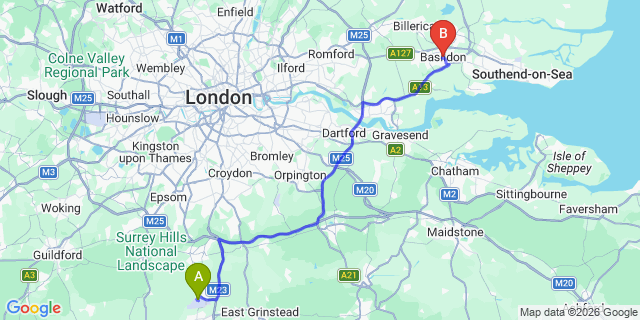 Map: London Gatwick Airport (LGW) to Basildon