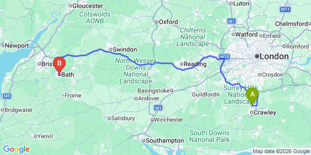 Map: London Gatwick Airport (LGW) to Bath