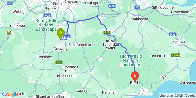 Map: London Gatwick Airport (LGW) to Battle
