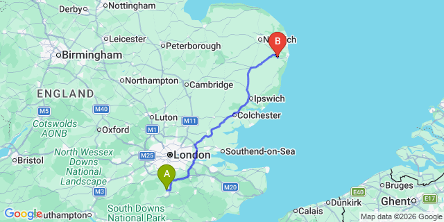 Map: London Gatwick Airport (LGW) to Beccles