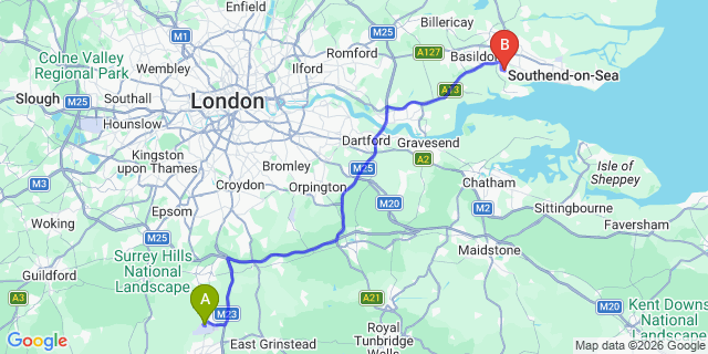 Map: London Gatwick Airport (LGW) to Benfleet
