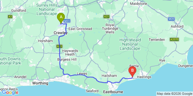 Map: London Gatwick Airport (LGW) to Bexhill