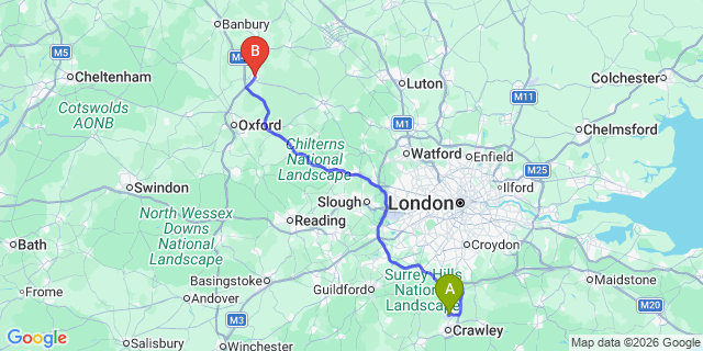 Map: London Gatwick Airport (LGW) to Bicester