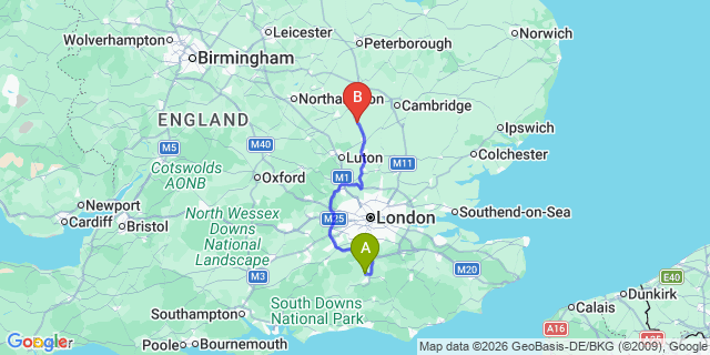 Map: London Gatwick Airport (LGW) to Biggleswade