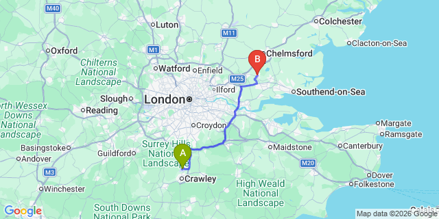 Map: London Gatwick Airport (LGW) to Billericay