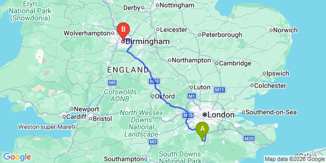 Map: London Gatwick Airport (LGW) to Birmingham