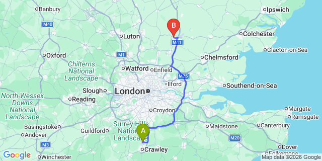 Map: London Gatwick Airport (LGW) to Bishops Stortford