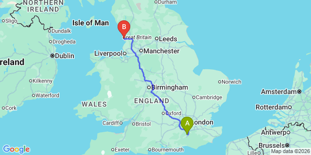 Map: London Gatwick Airport (LGW) to Blackpool