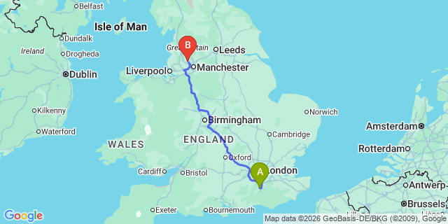 Map: London Gatwick Airport (LGW) to Bolton