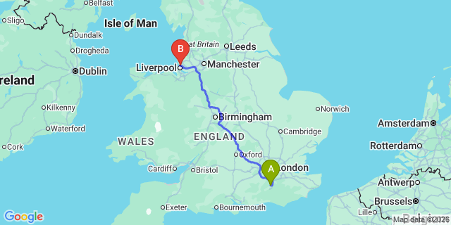 Map: London Gatwick Airport (LGW) to Bootle