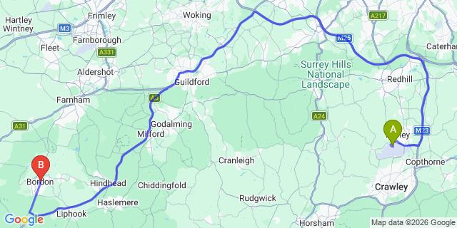 Map: London Gatwick Airport (LGW) to Bordon