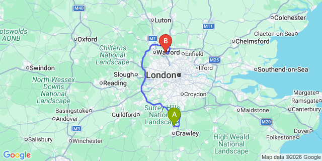 Map: London Gatwick Airport (LGW) to Borehamwood