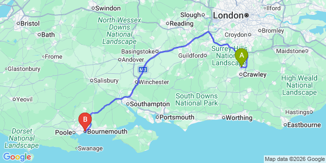 Map: London Gatwick Airport (LGW) to Bournemouth