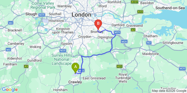 Map: London Gatwick Airport (LGW) to BR1 Bromley