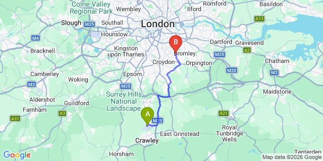 Map: London Gatwick Airport (LGW) to BR3 Beckenham