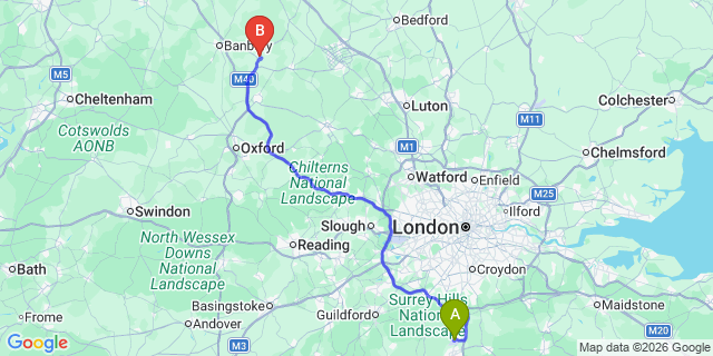 Map: London Gatwick Airport (LGW) to Brackley