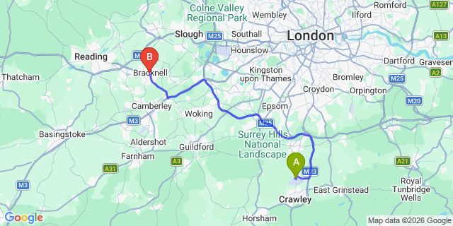 Map: London Gatwick Airport (LGW) to Bracknell