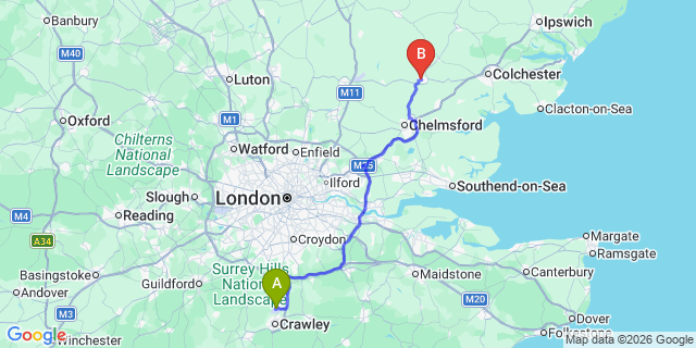 Map: London Gatwick Airport (LGW) to Braintree