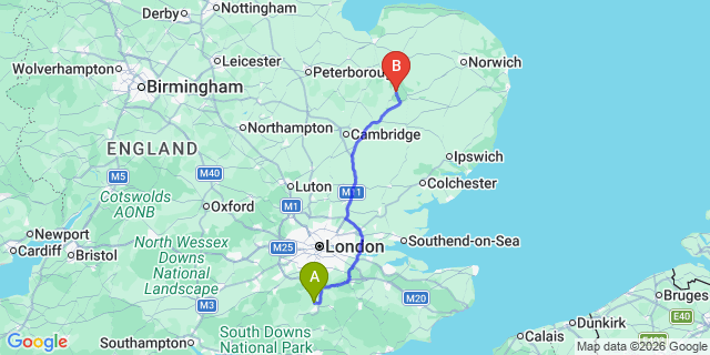 Map: London Gatwick Airport (LGW) to Brandon