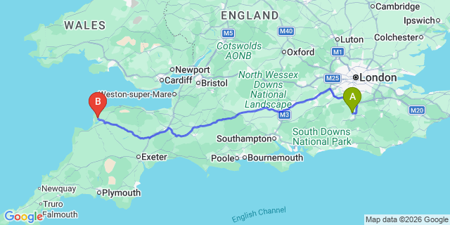 Map: London Gatwick Airport (LGW) to Braunton